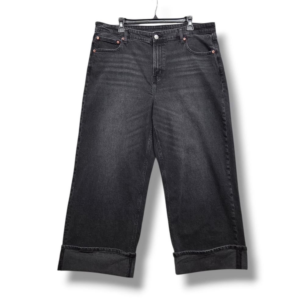 American Eagle Stovepipe Jeans Womens 16 Short Cuffed Baggy Wide Leg Crop Black